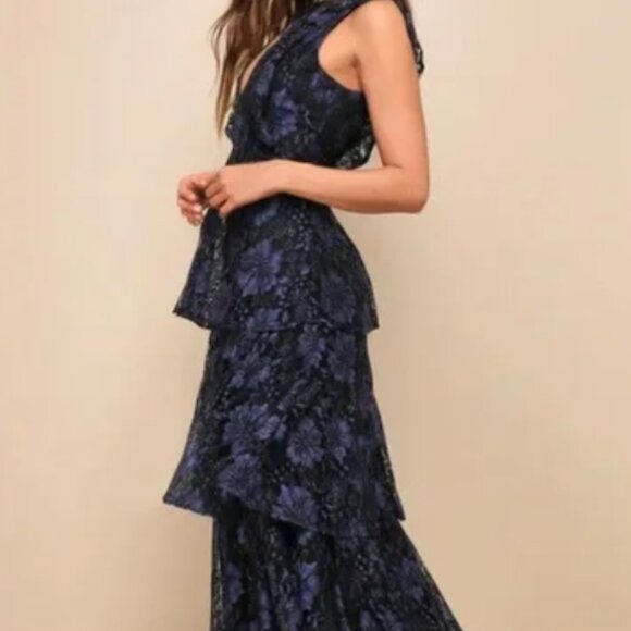 NWT Lulu's Molinetto Navy Blue Lace Ruffled Tiered Sleeveless Maxi Dress 3X - Picture 3 of 12